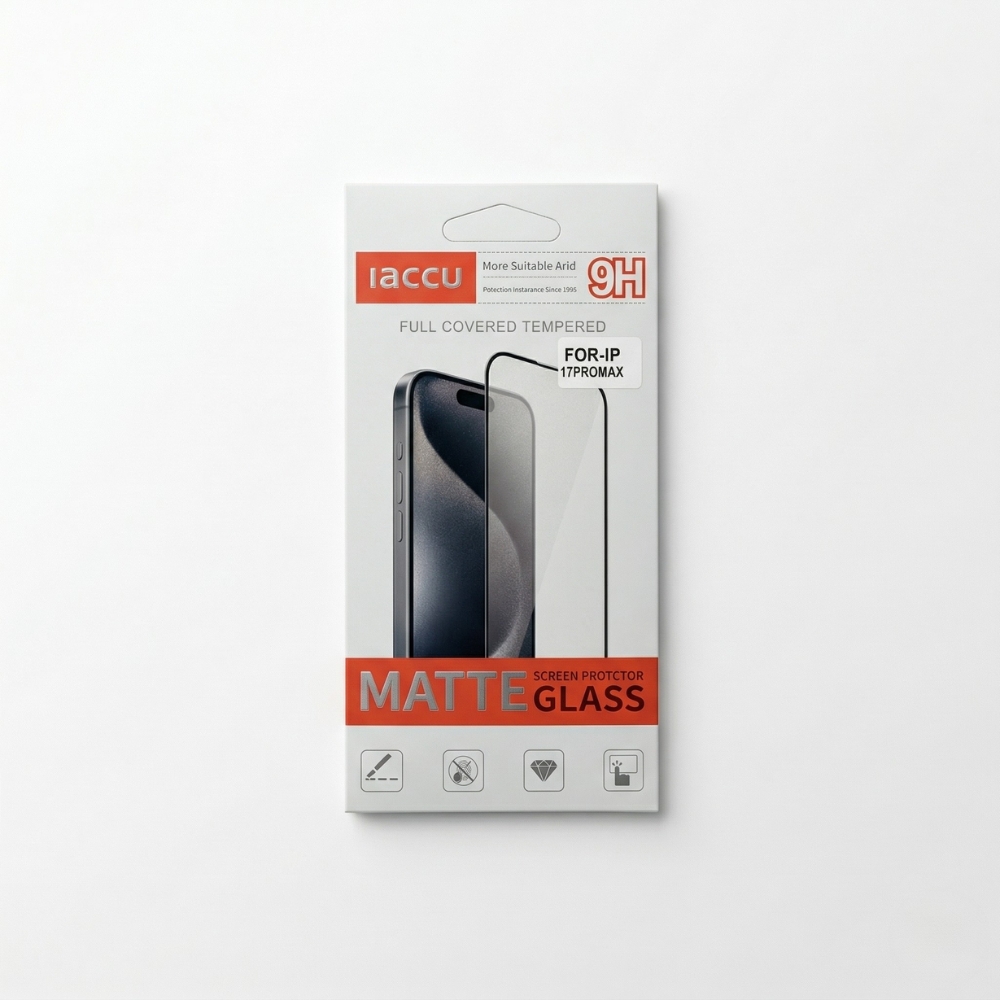 Originalverpackung des iaccu 9H Matte Glass Screen Protector für das iPhone 17 Pro Max.