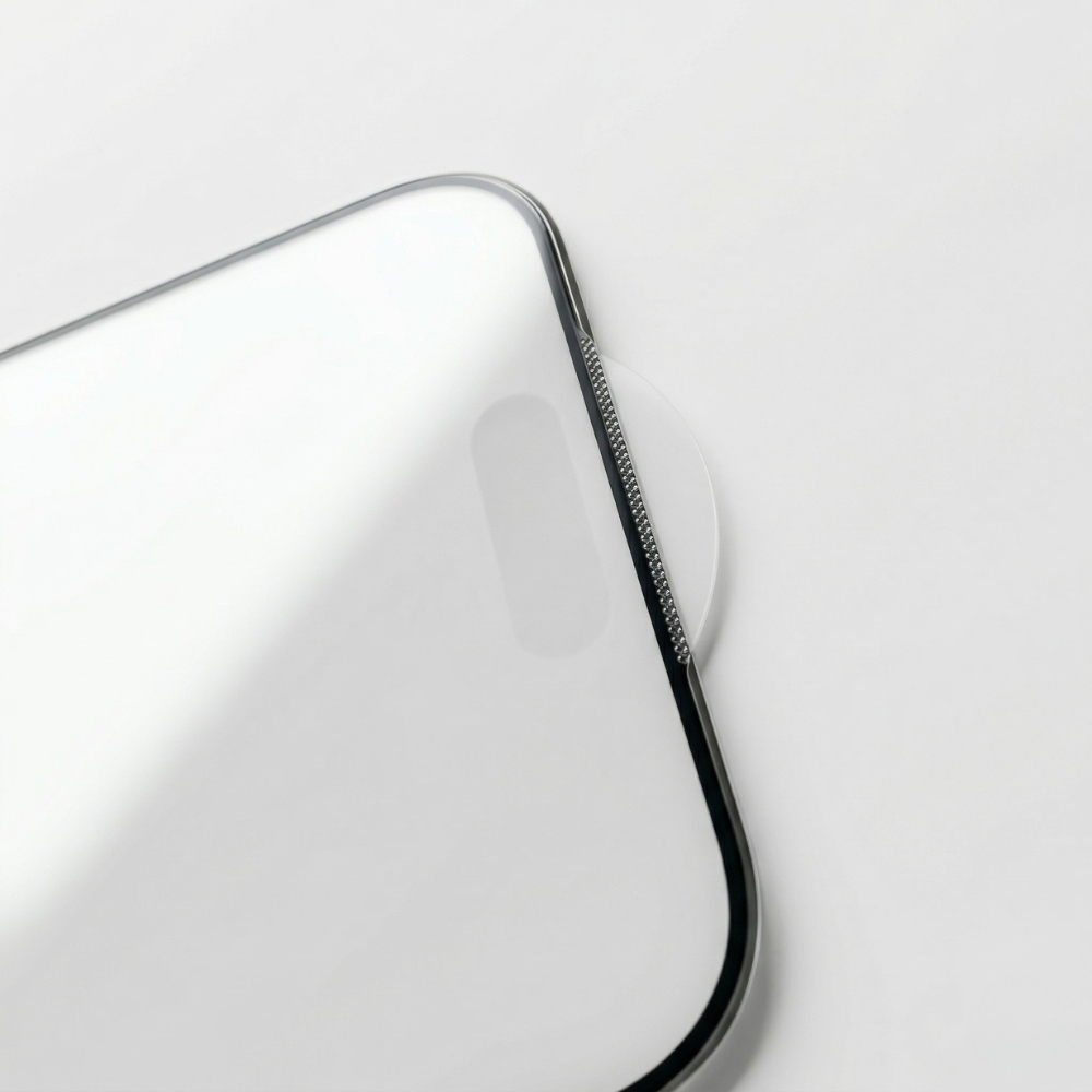 Detailaufnahme des Panzerglases für iPhone 17 Pro Max mit integriertem Staubschutz-Gitter für die Hörmuschel.