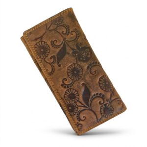 Leder Portemonnaie für Damen in Braun mit floralem Muster und Überschlag
